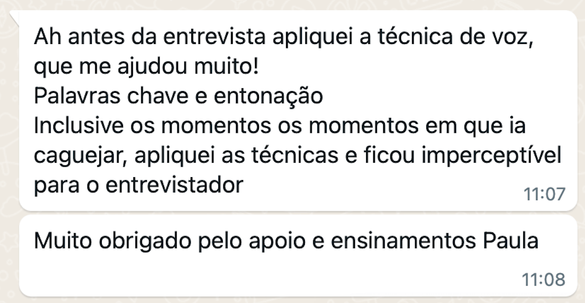 Depoimento de aluna sobre técnica de voz e entrevista