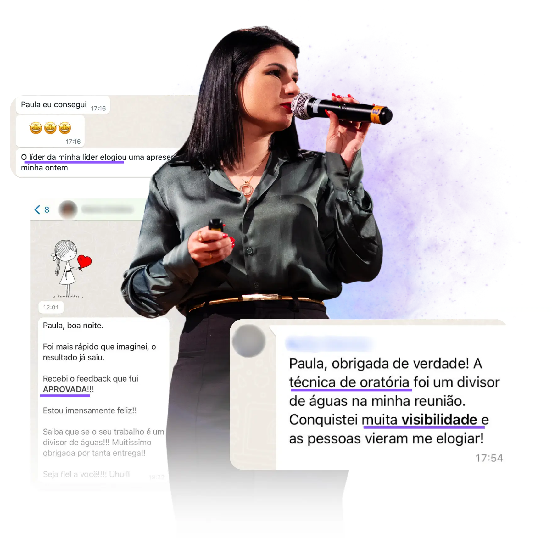 Paula Vieira falando ao microfone, com prints de mensagens de alunas ao lado